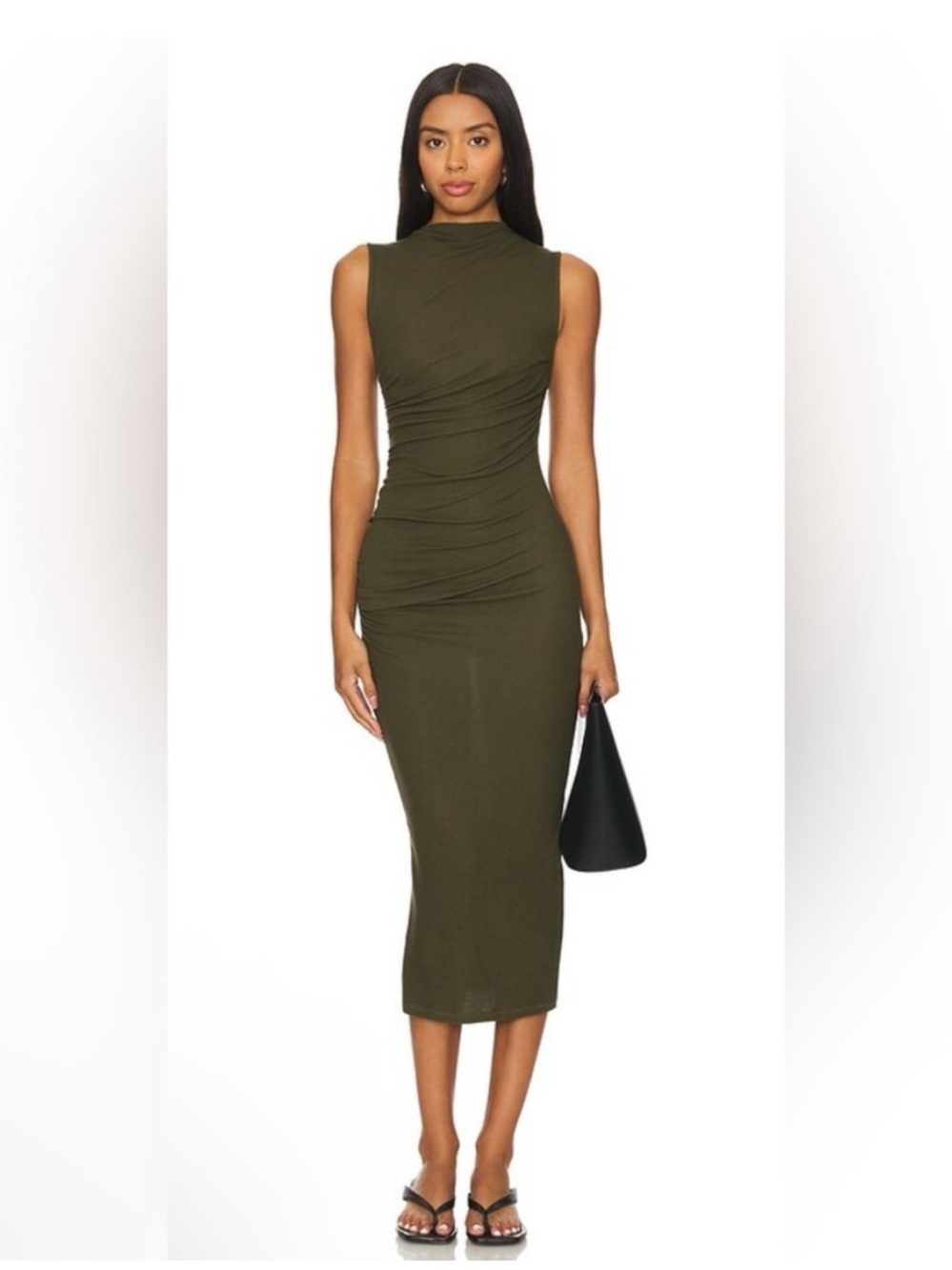 ENZA COSTA Silk Blend Knit Sleeveless Twist Ruched Midi Dress Army Green L $260